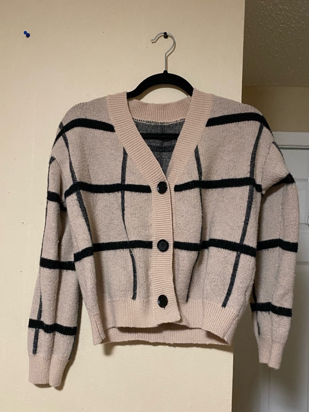 Blush Windowpane Button-Front V-Neck Cardigan
